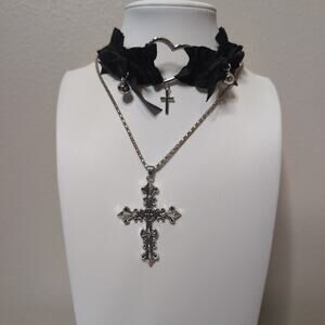 Gothic Cross Necklace and Ruffled Heart Choker Set